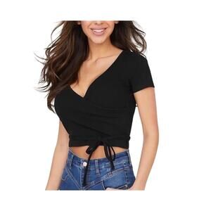 Guess Short sleeve shirt Wrap Tee tshirt Black ribbed Womens XL stretch basic